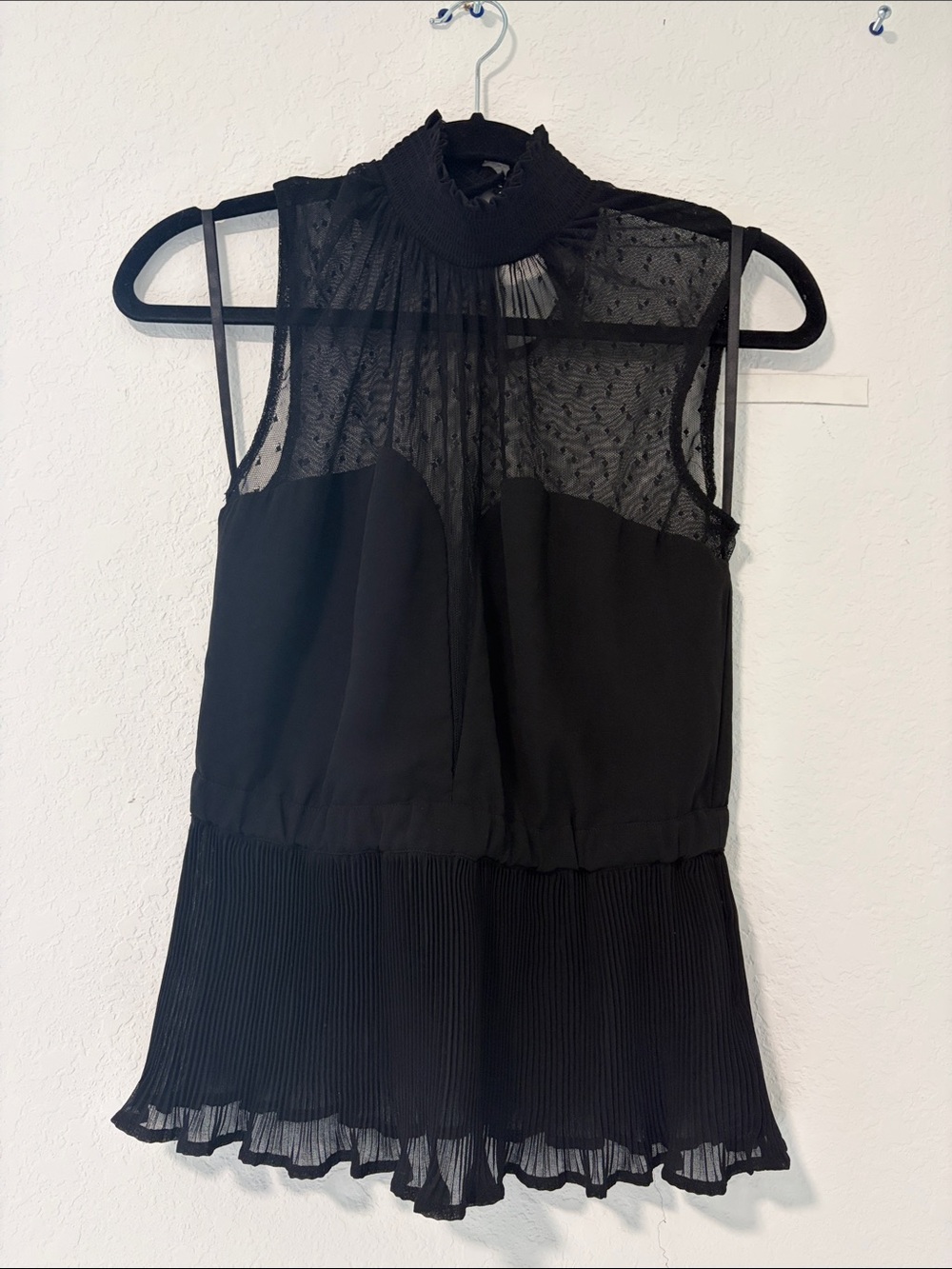 bebe Black Sleeveless Sheer Yoke Pleated Hem Top